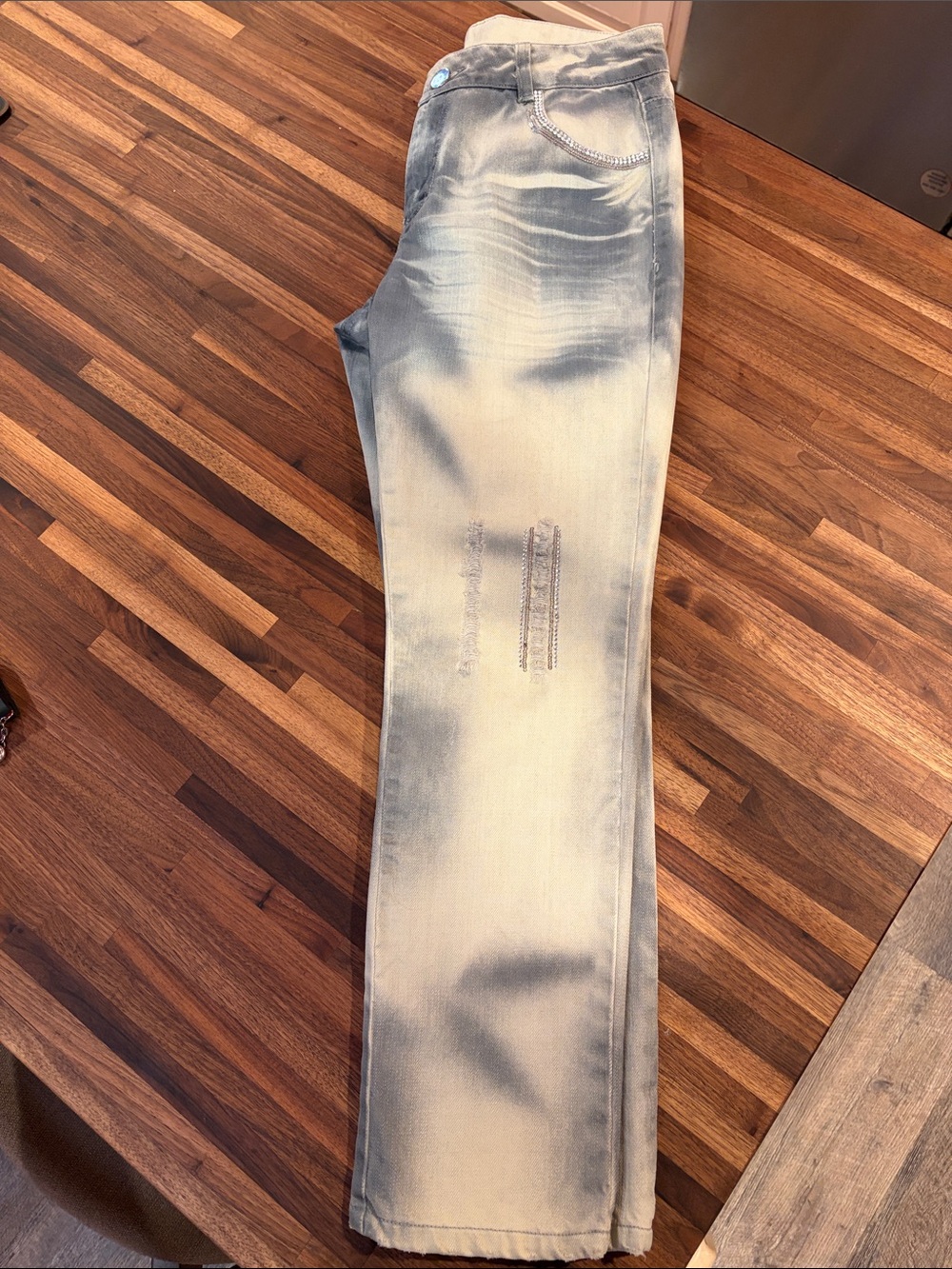 Simon Chang Faded Light Blue rhinestone Slim Straight Jeans